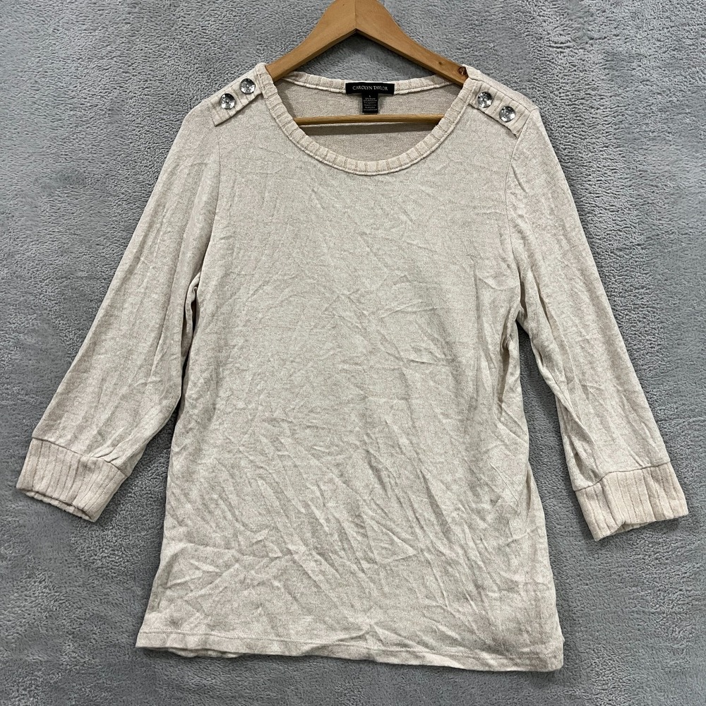 Carolyn Taylor Sweater Womens Large Beige 3/4 Sleeve Rhinestone Button Detail